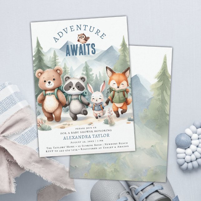 Adventure Woodland Animals Wanderjunge Babydusche Einladung (woodland boy baby shower invitation adventure mountain forest cute animals hiking watercolor)