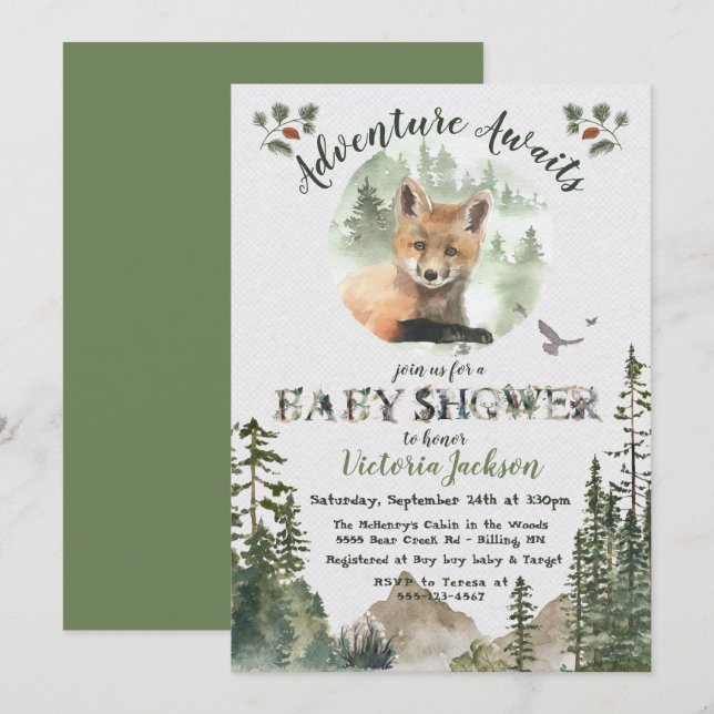 Adventure Woodland Baby Fox forest Baby Dusche Einladung (Vorne/Hinten)