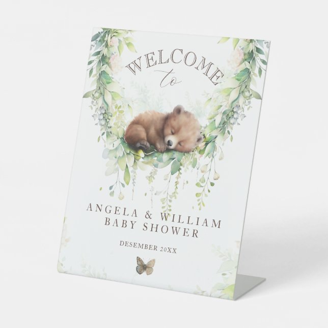 Adventure Woodland Bear Baby Dusche Willkommen Sockelschild (Vorderseite)