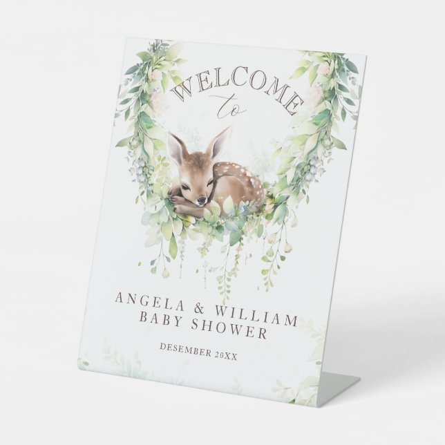 Adventure Woodland Deer Baby Dusche Willkommen Sockelschild (Vorderseite)