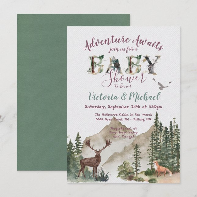 Adventure Woodland mountain forest Baby Shower Einladung (Vorne/Hinten)