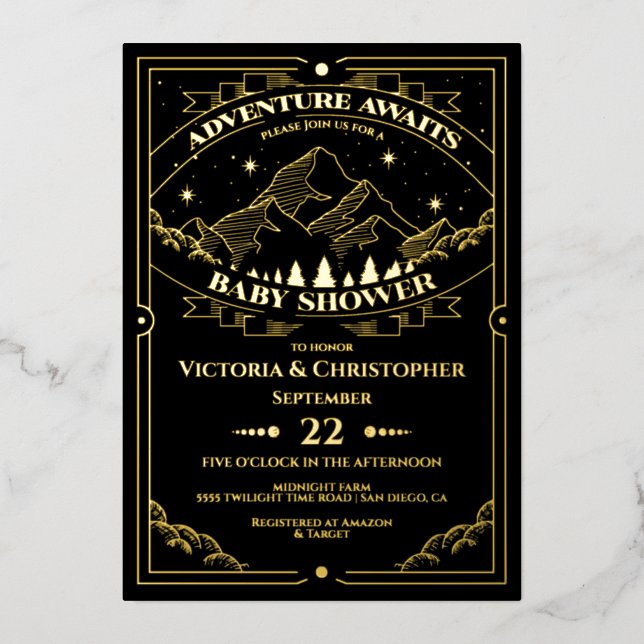 Adventure Woodland mountain forest Baby Shower Folieneinladung (Vorderseite)