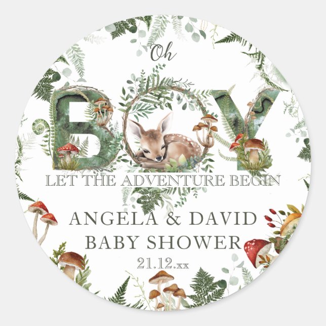 Adventure Woodland Mushroom Fern Baby Boy Dusche Runder Aufkleber (Vorderseite)