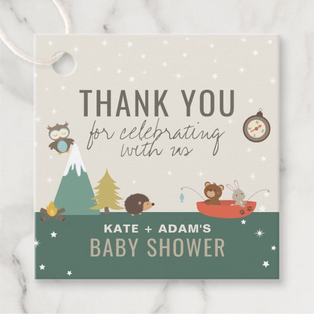 Adventure Woodland Neutral Baby Dusche Vielen Dank Geschenkanhänger (Vorderseite)