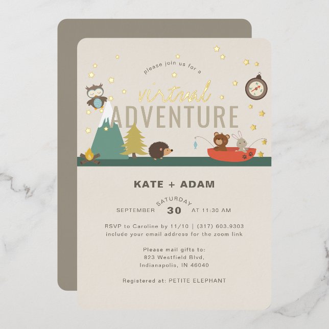 Adventure Woodland Neutral Virtual Baby Shower Folieneinladung (Vorderseite/Rückseite)