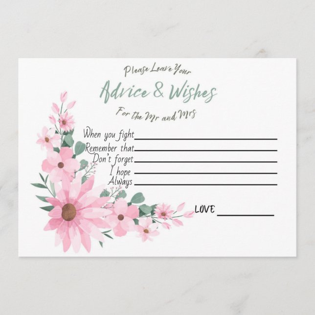 Advice and Wishes Bridal Shower Pink Flowers Card Hinweiskarte (Vorderseite)