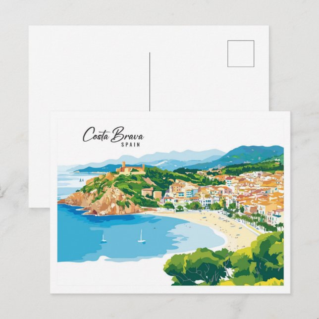 Aerial View Costa Brava Spanien Art Illustration Postkarte (Vorne/Hinten)