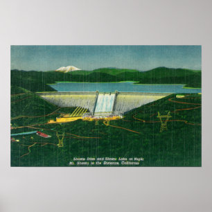 Aerial View of Shasta Dam, Lake, Mountain at Poster
