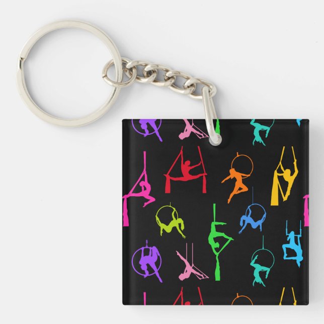Aerialist Aerial Silk Lyra Silhouetten Regenbogen Schlüsselanhänger (Vorderseite)