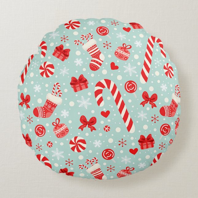Aesthetic Christmas Pattern Candy Rundes Kissen (Vorderseite)