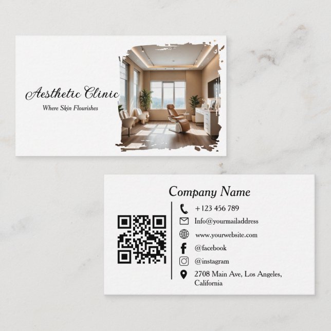  Aesthetic Clinic Modern QR Code Photo Visitenkarte (Vorne/Hinten)