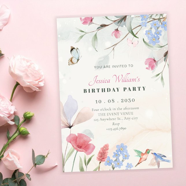 Aesthetic garden floral, bird, butterfly birthday einladung (Von Creator hochgeladen)