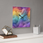 Aesthetic Gradient Mountain Abstract Square Quadratische Wanduhr<br><div class="desc">Elevate your home decor with this stunning square wall clock featuring a captivating abstract gradient landscape. The design uses a beautiful translucent gradient palette of soft violets, deep indigos, and warm golden-orange hues, creating a layered, ethereal effect reminiscent of a mystical sunset. Its minimalist, numberless face and sleek black tapered...</div>
