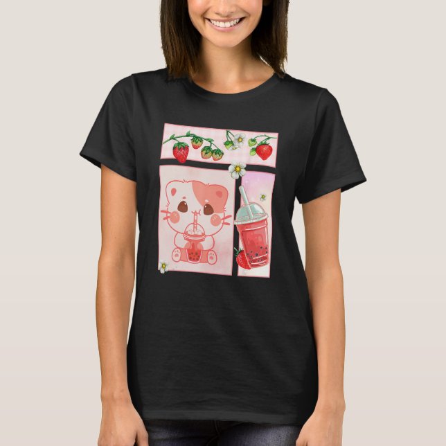 Aesthetic Harajuku Cute Cat Drink Strawberry Boba  T-Shirt (Vorderseite)