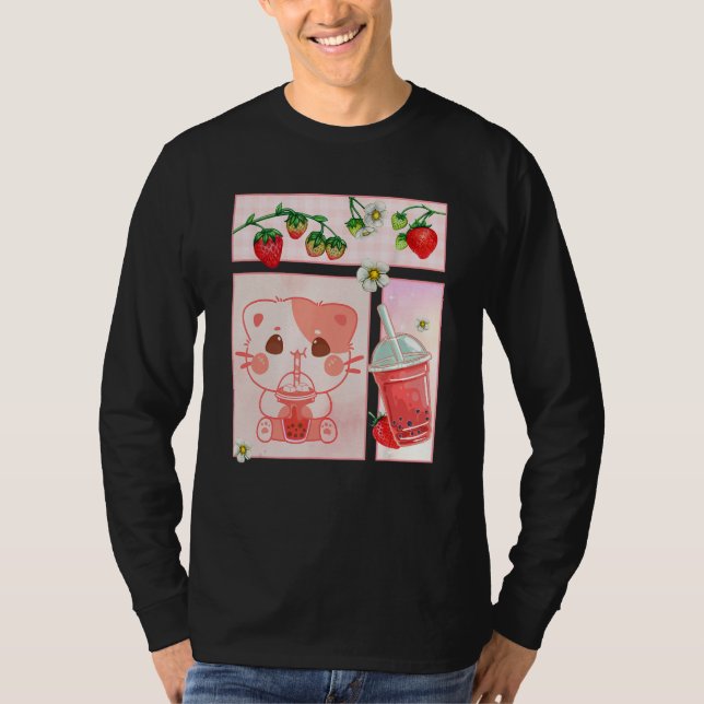 Aesthetic Harajuku Cute Cat Drink Strawberry Boba  T-Shirt (Vorderseite)