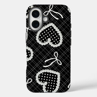 Aesthetic Pearl Framed Polka Dot Heart & White Bow iPhone 16 Hülle