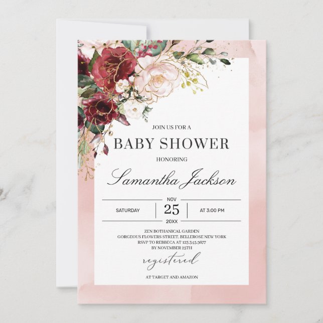 Aethereal Aquarell Rosa Bordeaux Blumenbaby Einladung (Vorderseite)