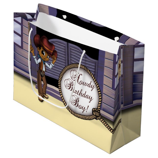 AfAmerican Cowboy Birthday Große Geschenktüte (Vorderseite Schrägansicht)
