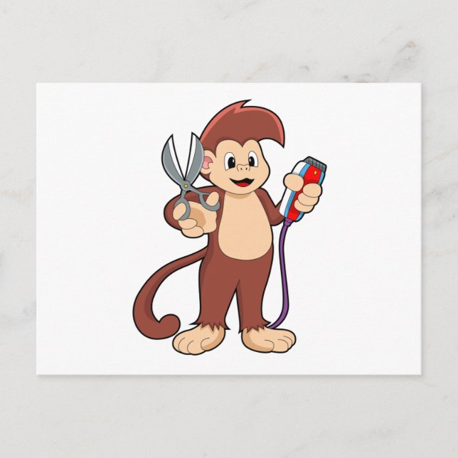Affe als Friseur mit Schere und Rasiermesser Postkarte (Vorderseite)