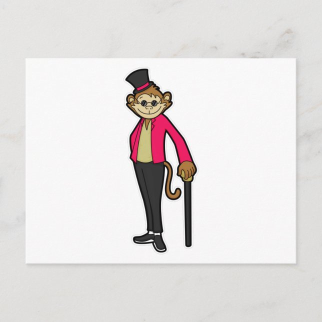 Affe als Gentleman mit Hut & Walking-Stick Postkarte (Vorderseite)