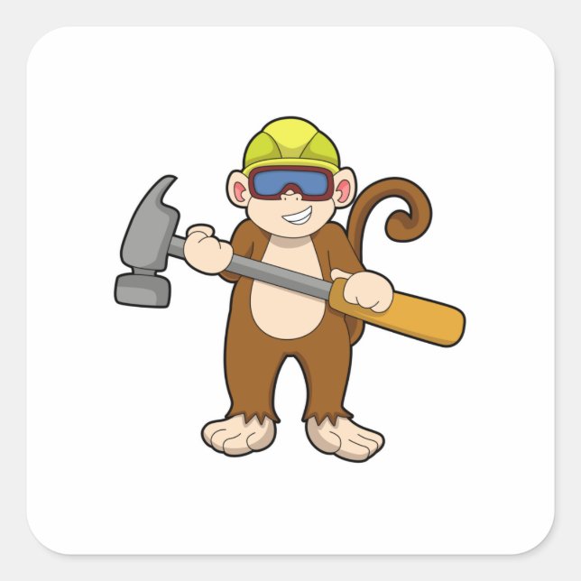 Affe als Handwerker mit Hammer Quadratischer Aufkleber (Vorderseite)