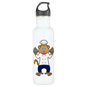 Affe als Koch mit Servieren von Tellern Edelstahlflasche