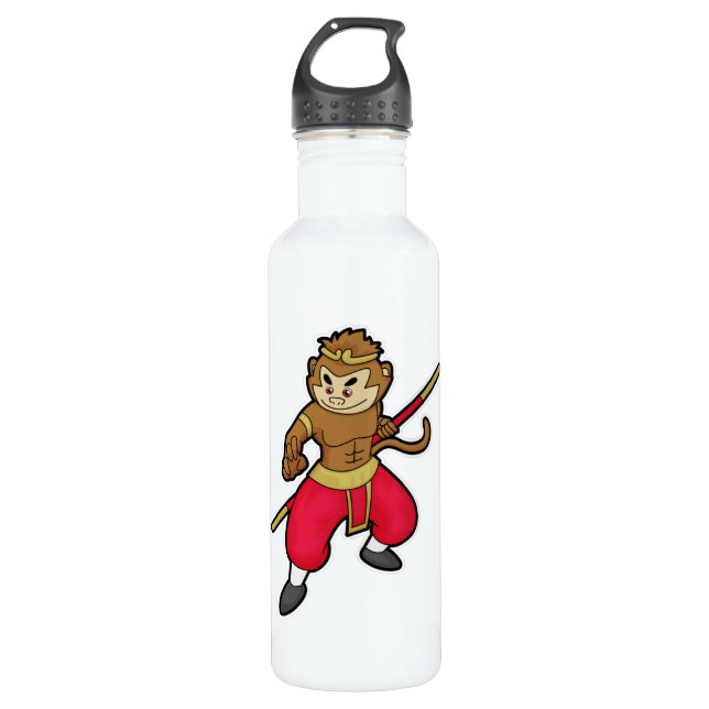 Affe als Krieger mit Stab & Headband Edelstahlflasche (Vorderseite)