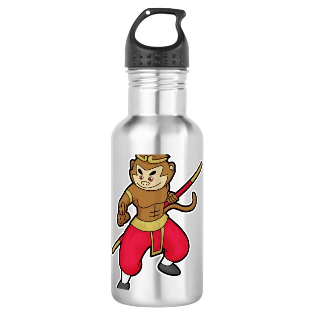 Affe als Krieger mit Stab & Headband Edelstahlflasche (Vorderseite)