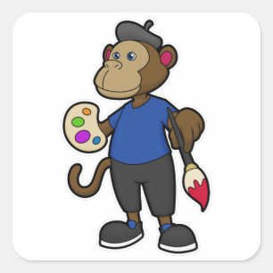 Affe als Maler mit Pinsel und Pinsel Quadratischer Aufkleber