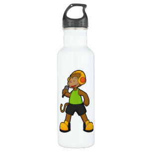 Affe als Sänger mit Mikrofon und Kopfhörer Edelstahlflasche