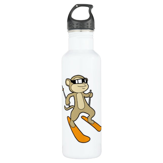 Affe als Skifahrer mit Ski Edelstahlflasche (Vorderseite)