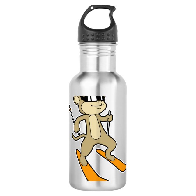 Affe als Skifahrer mit Ski Edelstahlflasche (Vorderseite)