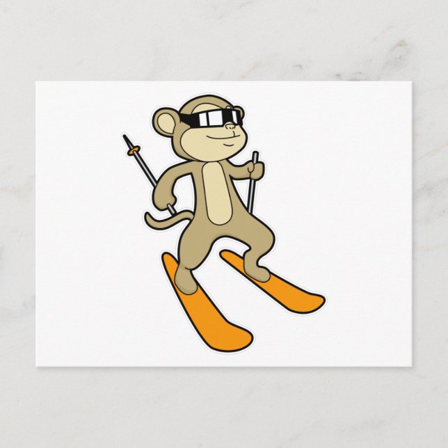 Affe als Skifahrer mit Ski Postkarte (Vorderseite)