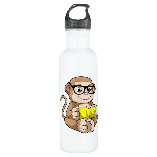 Affe als Student mit Brille & Buch Edelstahlflasche (Vorderseite)