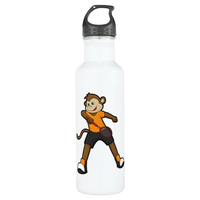 Affe als Tennisspieler mit Tennisschläger Edelstahlflasche (Vorderseite)