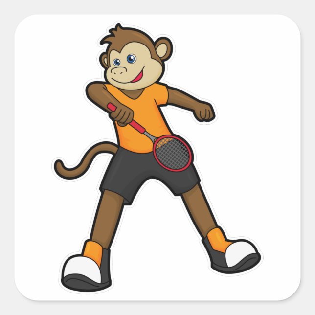 Affe als Tennisspieler mit Tennisschläger Quadratischer Aufkleber (Vorderseite)