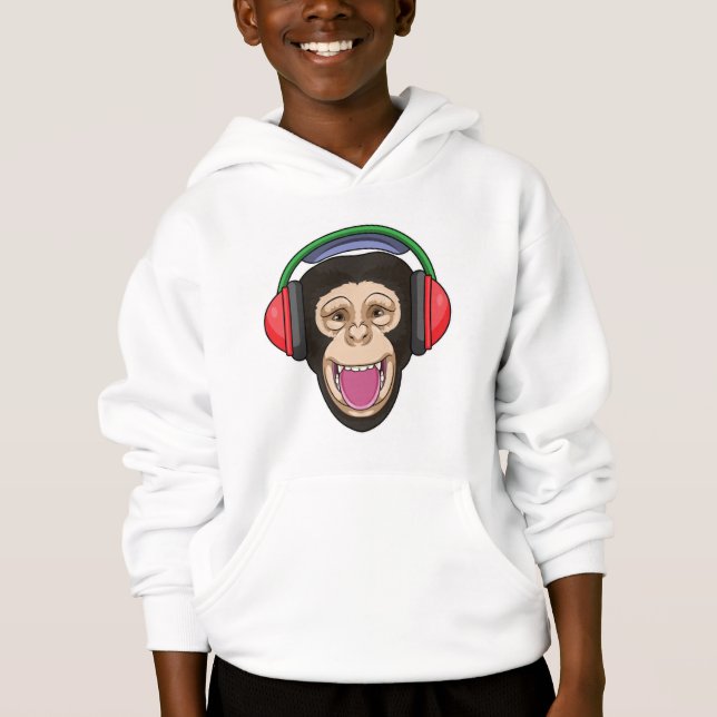 Affe bei Musik mit Headphone Hoodie (Vorderseite)