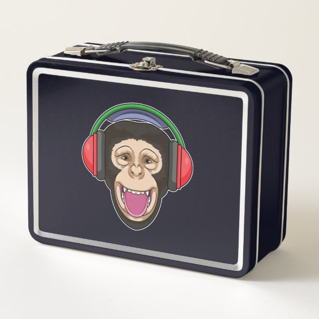 Affe bei Musik mit Headphone Metall Brotdose (Vorderseite)