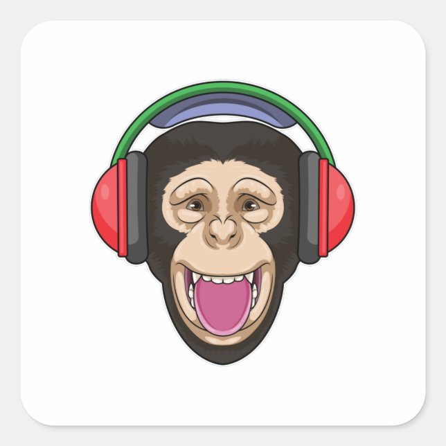 Affe bei Musik mit Headphone Quadratischer Aufkleber (Vorderseite)