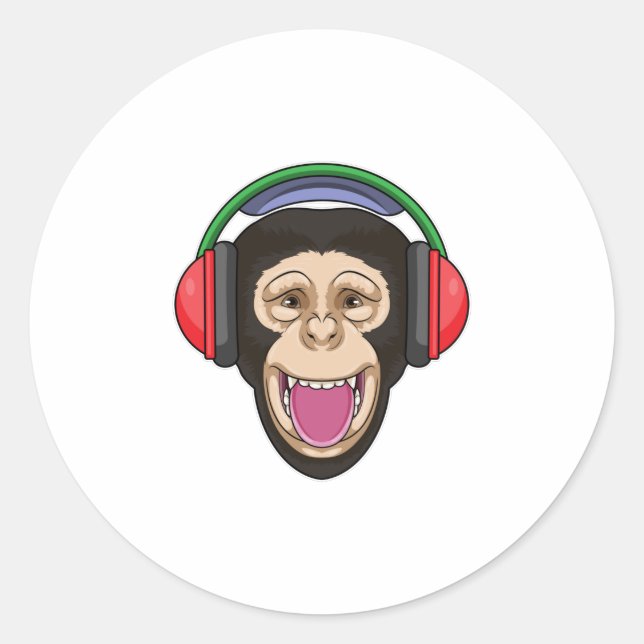 Affe bei Musik mit Headphone Runder Aufkleber (Vorderseite)