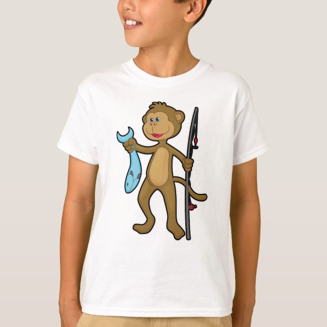 Affe beim Angeln mit Angelrute & Fisch T-Shirt (Vorderseite)