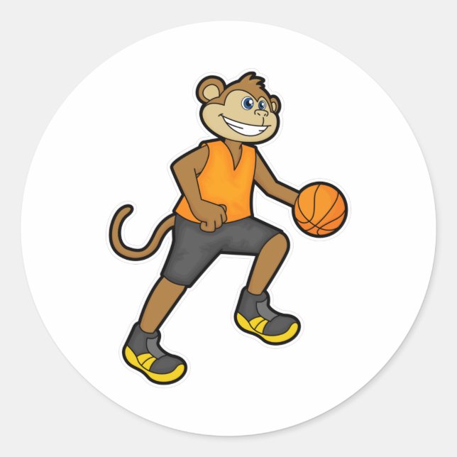 Affe beim Basketball Sport Runder Aufkleber (Vorderseite)