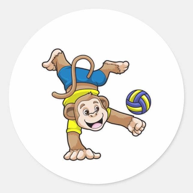Affe beim Sport mit Volleyball Runder Aufkleber (Vorderseite)