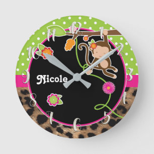Affe & Blumen Rosa Grün Safari Chic Individuallisi Runde Wanduhr