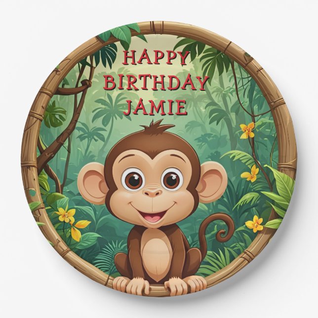 "Affe Cartoon Party - Custom Text Kids" Pappteller (Vorderseite)