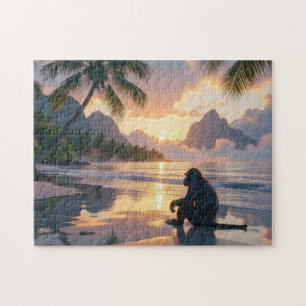 Affe, die den Sonnenuntergang am Strand beobachten