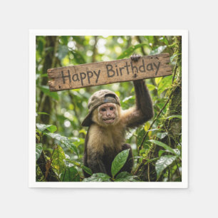 Affe hält ein Happy Birthday Schild Serviette