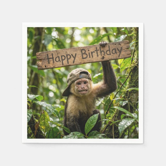 Affe hält ein Happy Birthday Schild Serviette (Vorderseite)