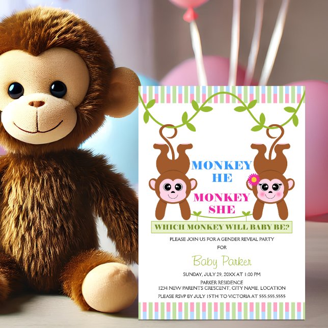 Affe He Monkey She Gender Reveal Party Einladung (Cute monkey he and she gender reveal party invitation.)
