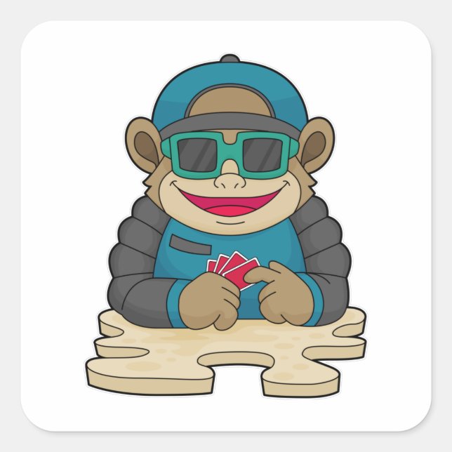 Affe im Poker mit Poker-Karten & Sonnenbrille Quadratischer Aufkleber (Vorderseite)